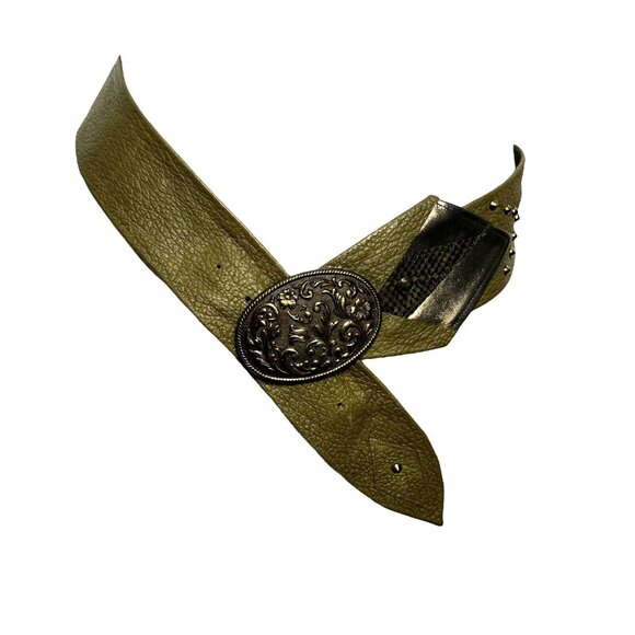 Unknown Accessories - Vintage 80's womens statement belt wide western Olive Green leather One size